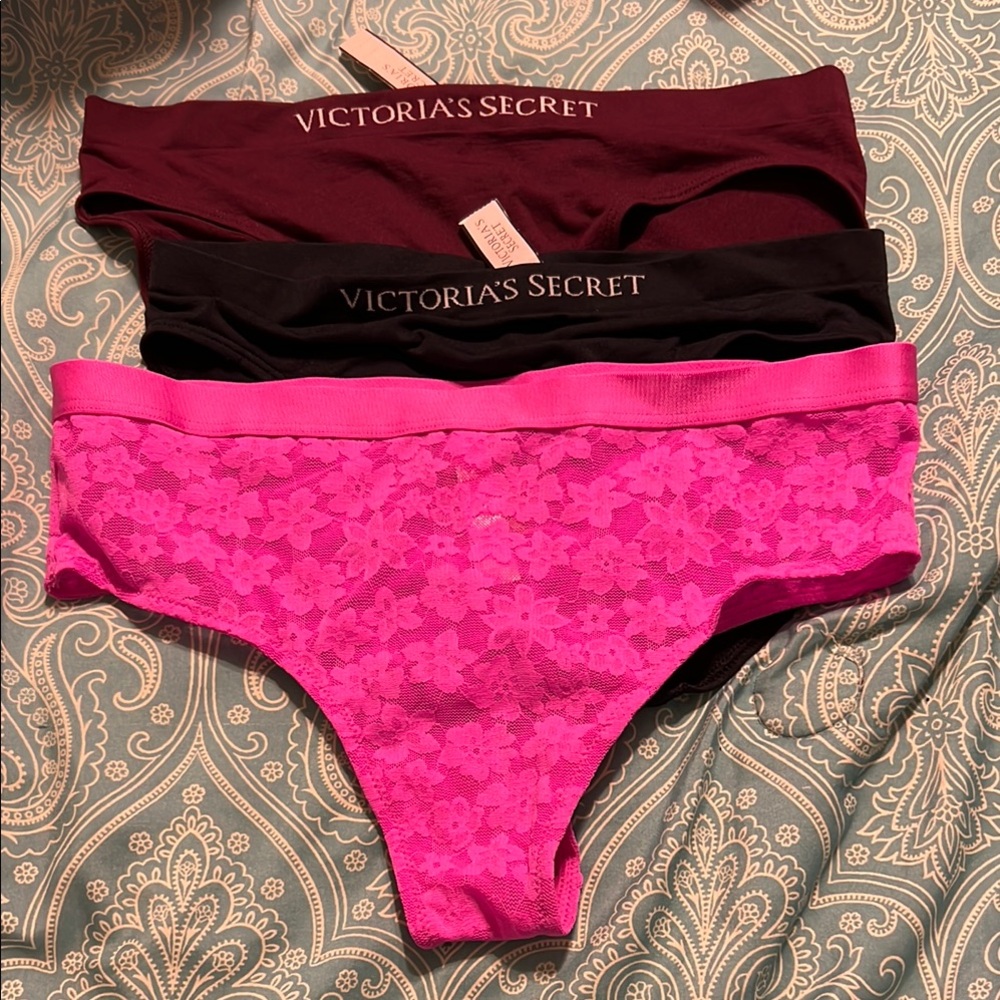 Victoria's Secret Lace Panty Trio - Pink, Black, Burgundy NWT small